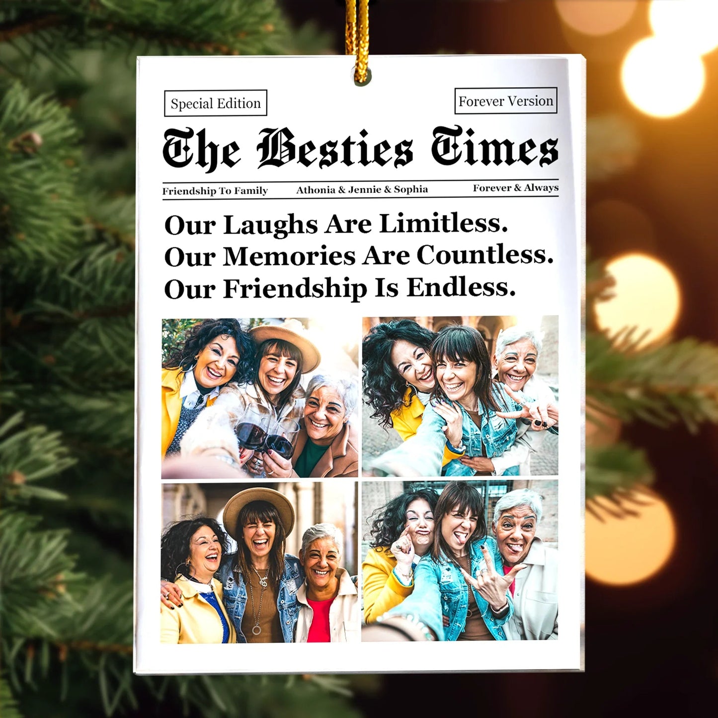 Personalized Acrylic Ornament for Best Friends – Newspaper Style Photo Acrylic Ornament, Unique Christmas Gift with Heartwarming Quote