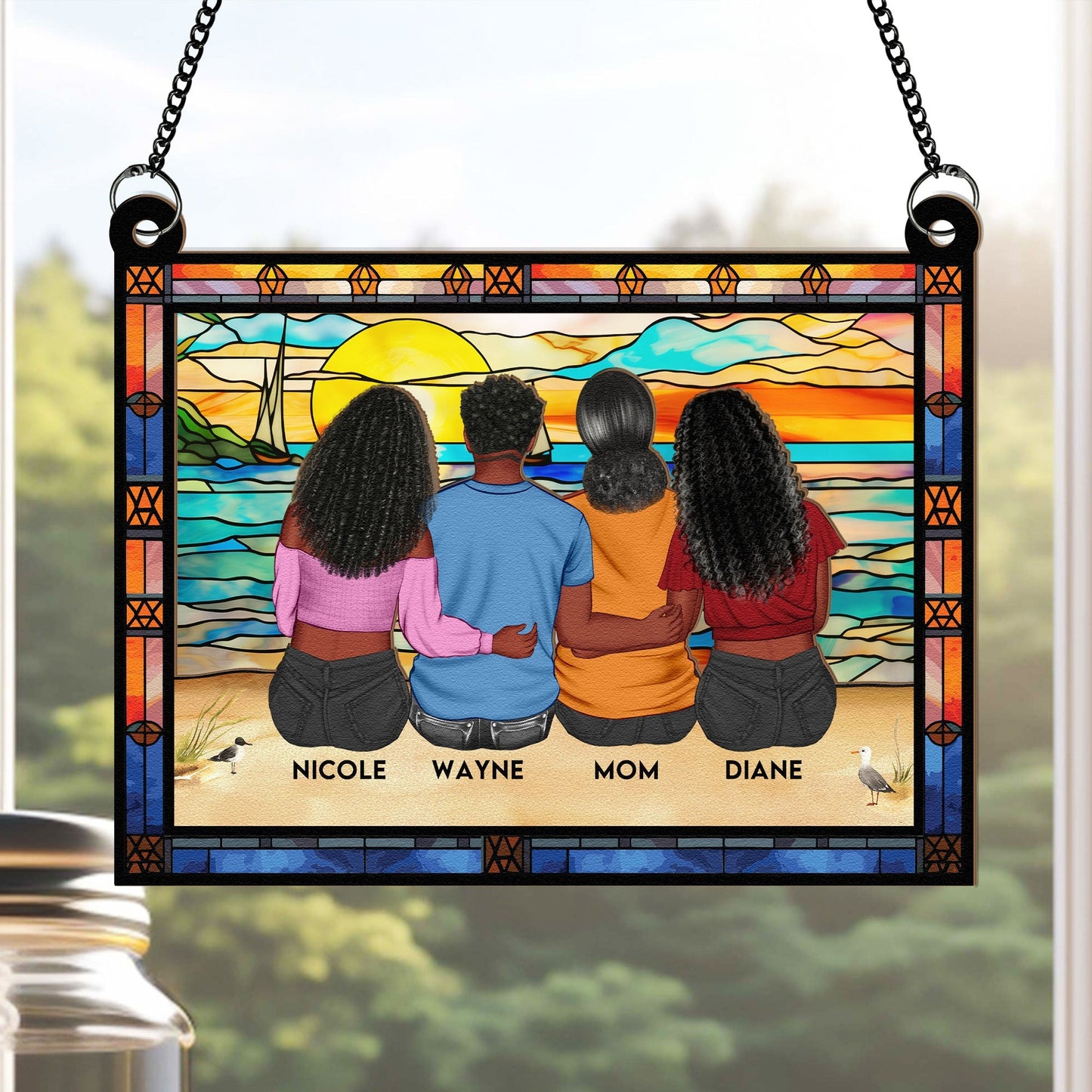 Wood & Acrylic Layered Ornament – Family Sunset by the Sea, Custom Gift for Mother & Siblings