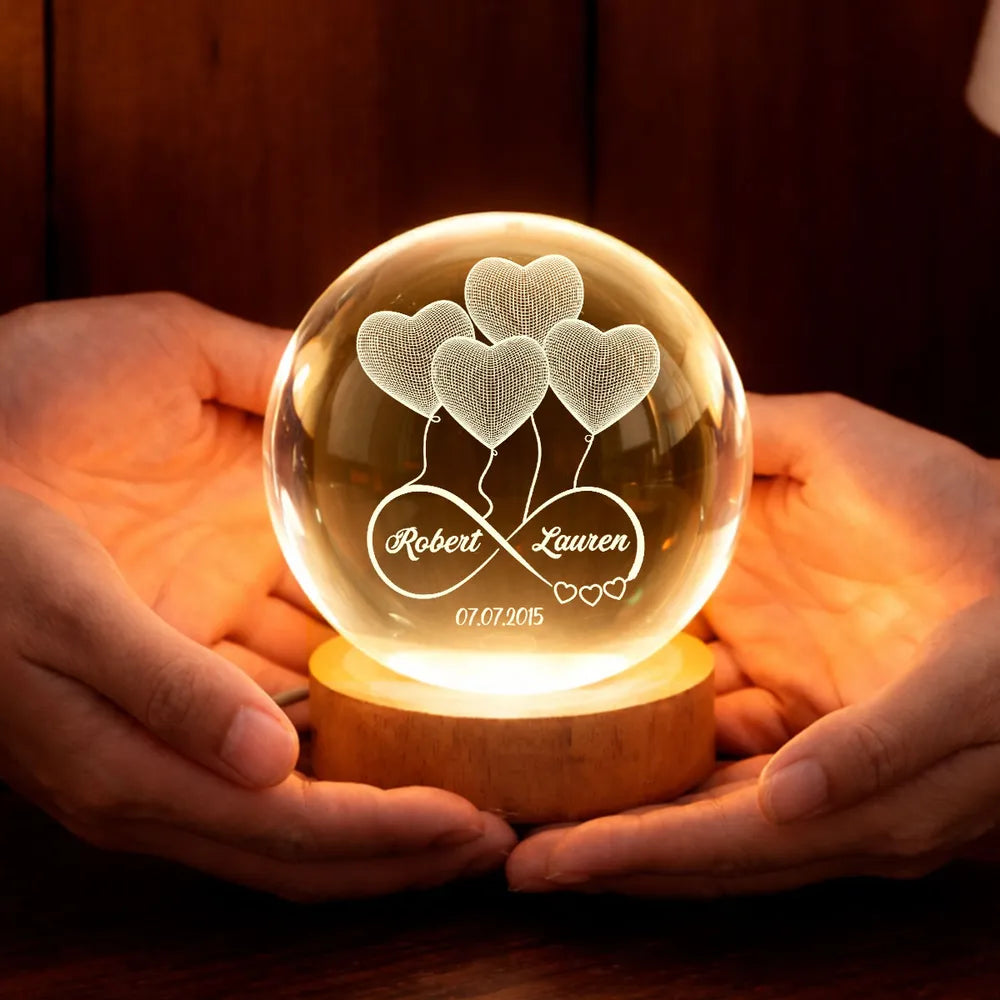 Personalized Crystal Ball LED Night Light Infinity Heart Balloon Couple Night Light, Romantic Bedroom Decor, Unique Gift for Her or Him