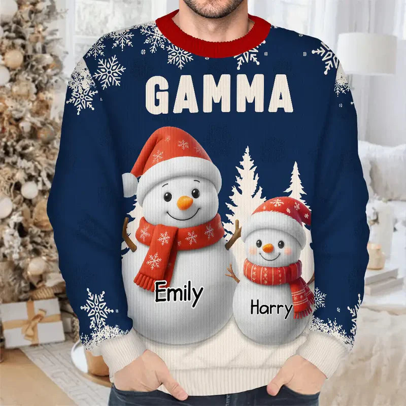 Personalized Grandma Printed Sweatshirt with Cute Snowman Grandkids, Cozy Christmas Gift for Nana