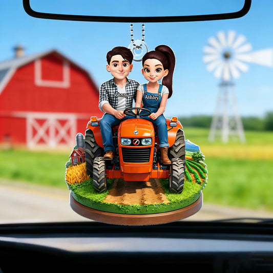 Personalized Acrylic Car Hanger Cute Cartoon Farmer Couple on Tractor, Country Drive Mirror Decor, Unique Gift