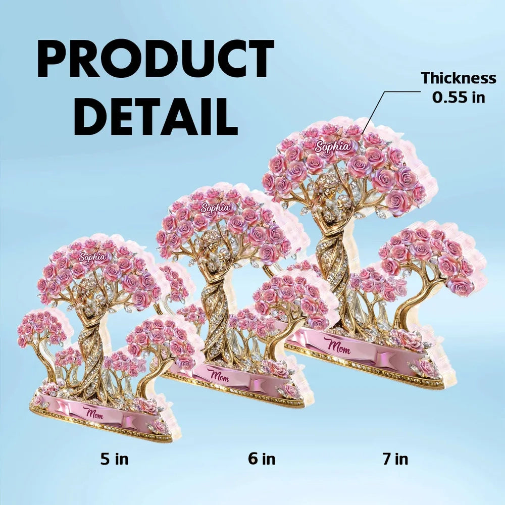 Personalized Shaped Acrylic Block Plaque with Mom and Child Under Rose Trees, Unique Heartfelt Gift for Mom