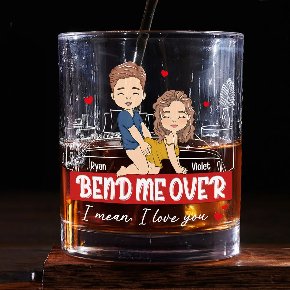 Custom Whiskey Glass with Playful Bedroom Couple Art 'I mean, I love you' Unique Romantic Gift