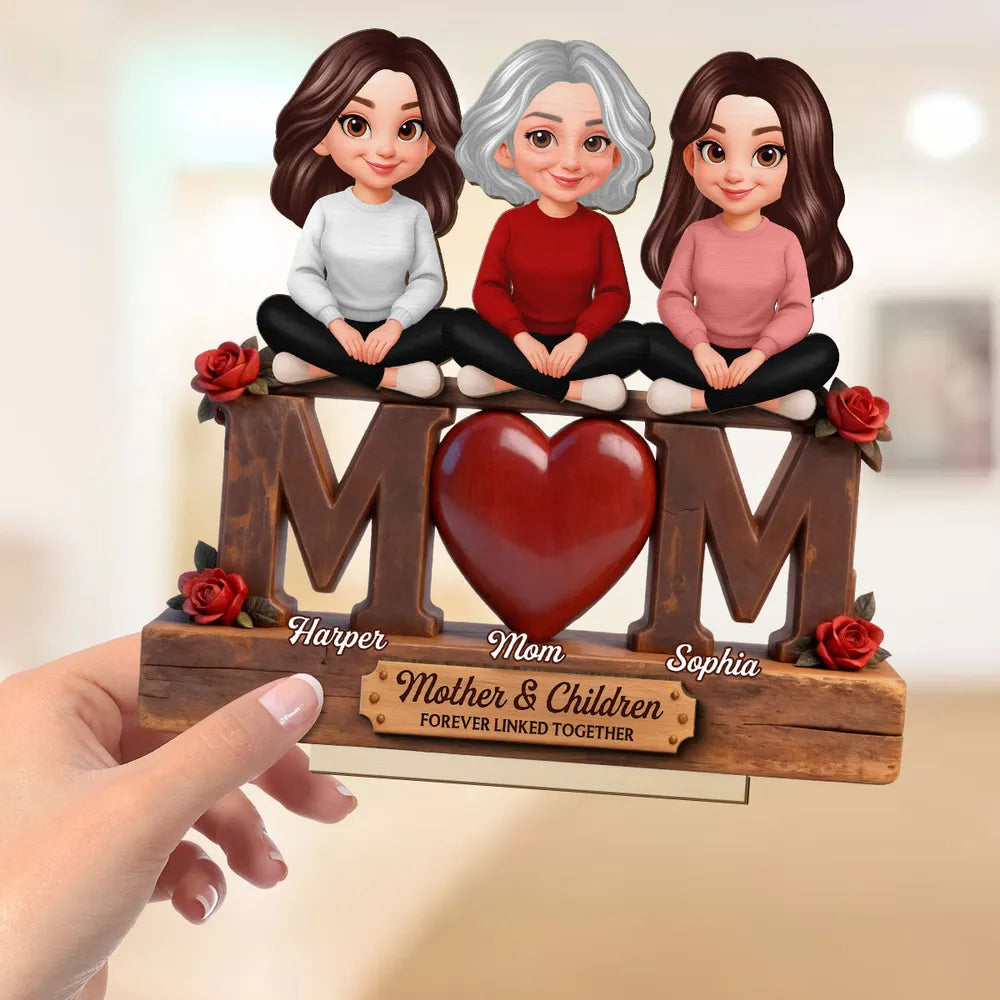 Personalized 2-Layer Wooden Plaque Mom and Daughters Cartoon Sitting on MOM Heart - Unique Mother's Day Gift