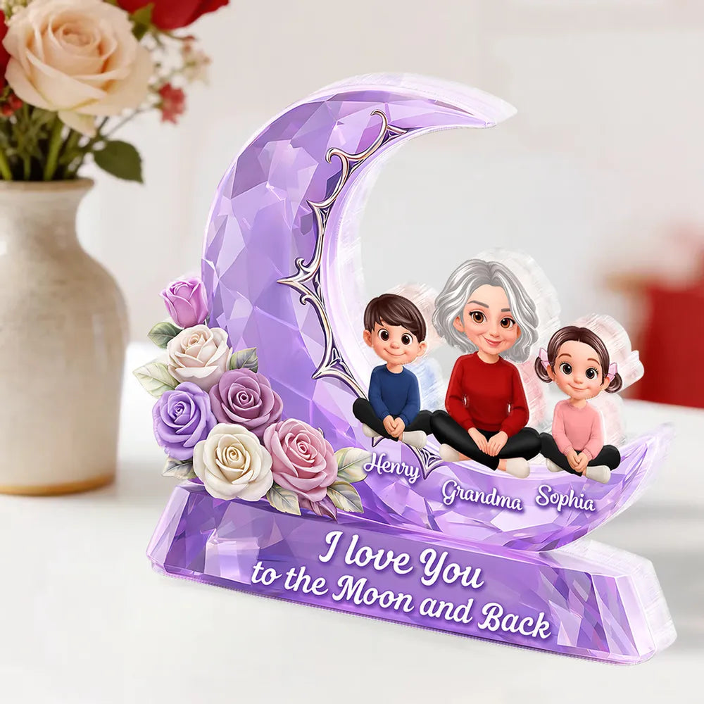 Personalized Shaped Acrylic Block Plaque with Grandma and Grandkids on a Purple Moon, Unique Gift for Grandma, I Love You to the Moon and Back