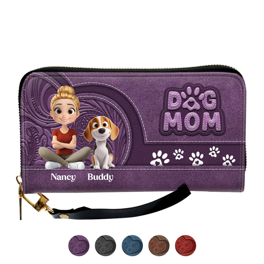 Custom Leather Long Wallet for Dog Moms – Adorable Pet Illustration with Name Personalization