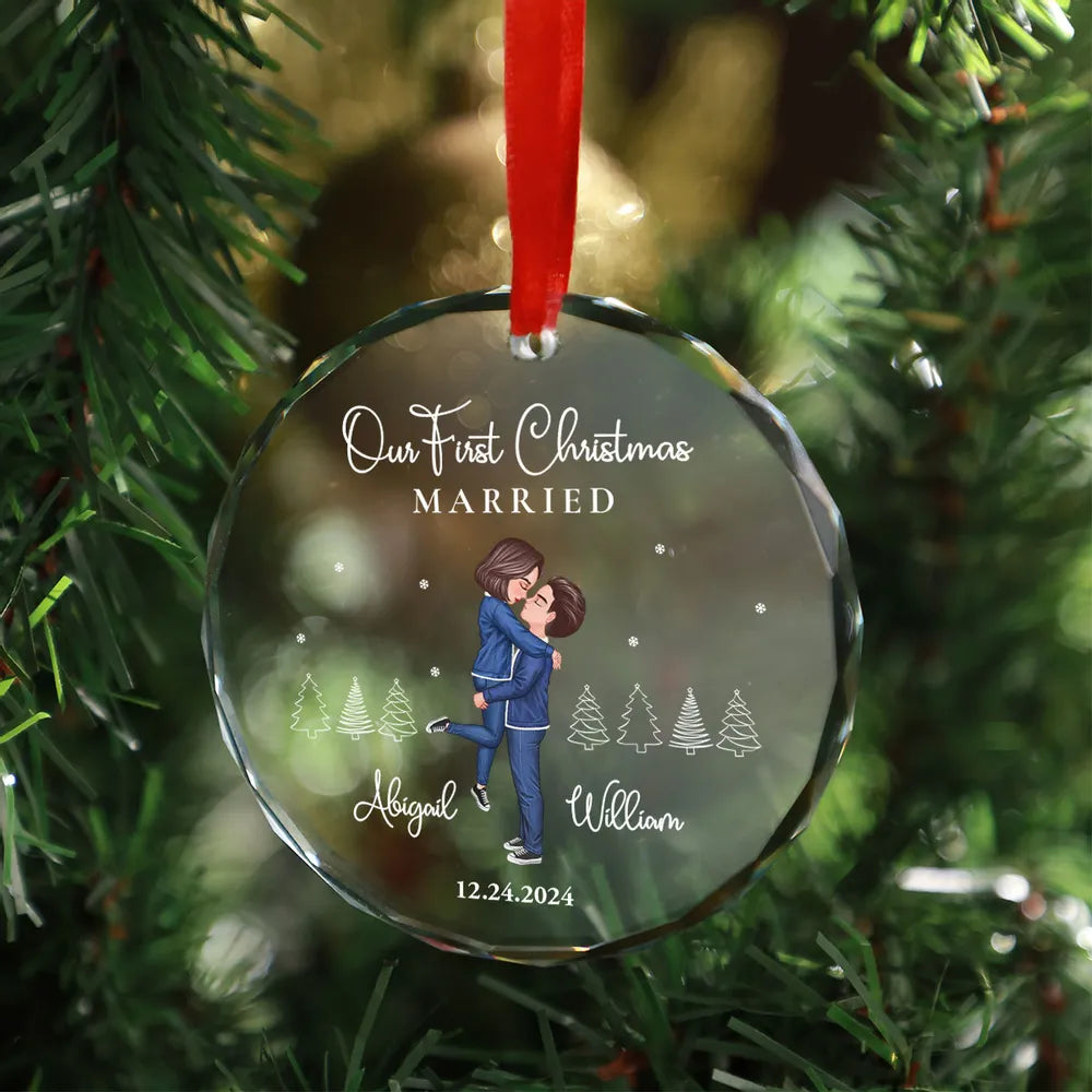 Our First Christmas Engaged Married, Newly Engaged Married Couple Personalized Glass Ornament