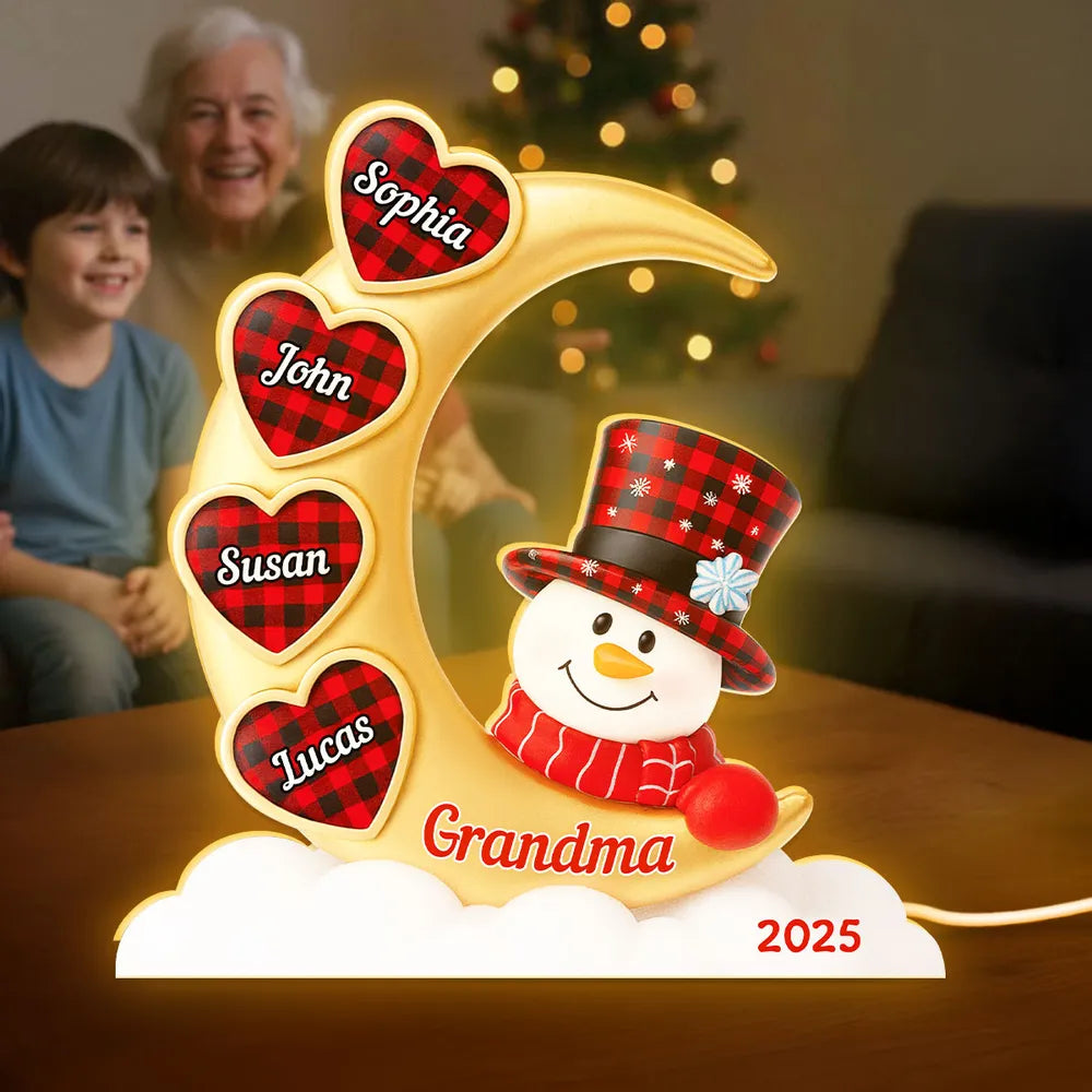 Snowman Moon Acrylic Light Box, Custom for Grandma, Cozy Christmas Decor with Soft Warm Glow, Unique Keepsake Gift