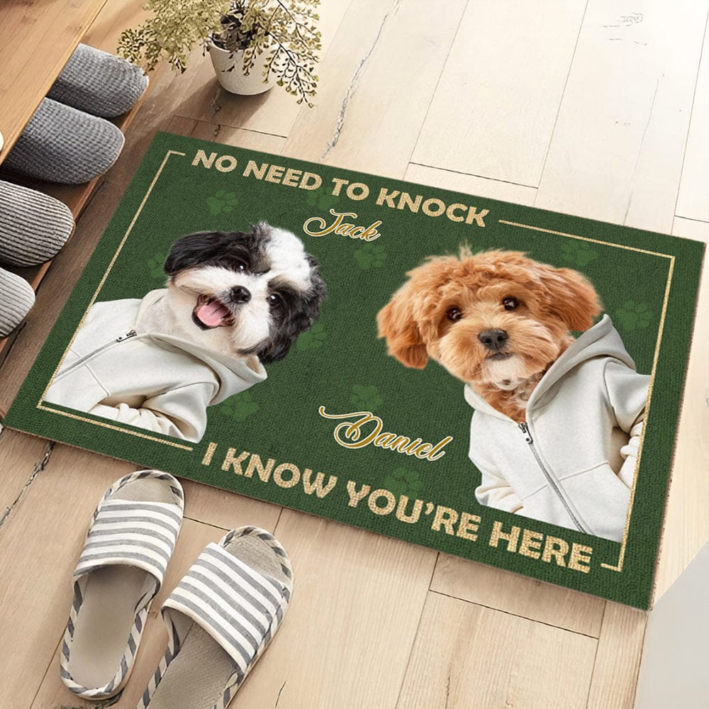 Personalized Doormat for Dog Lovers – Customizable Dog Photo Mat with Message, "No Need to Knock, I Know You’re Here", Perfect Gift for Pet Owners, Home Decor for Dog Families