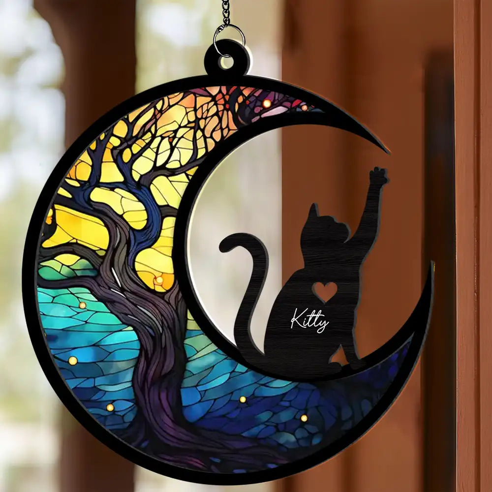 Cat Lover Gift – Layered Wood & Acrylic Ornament with Pet Name and Moon Design
