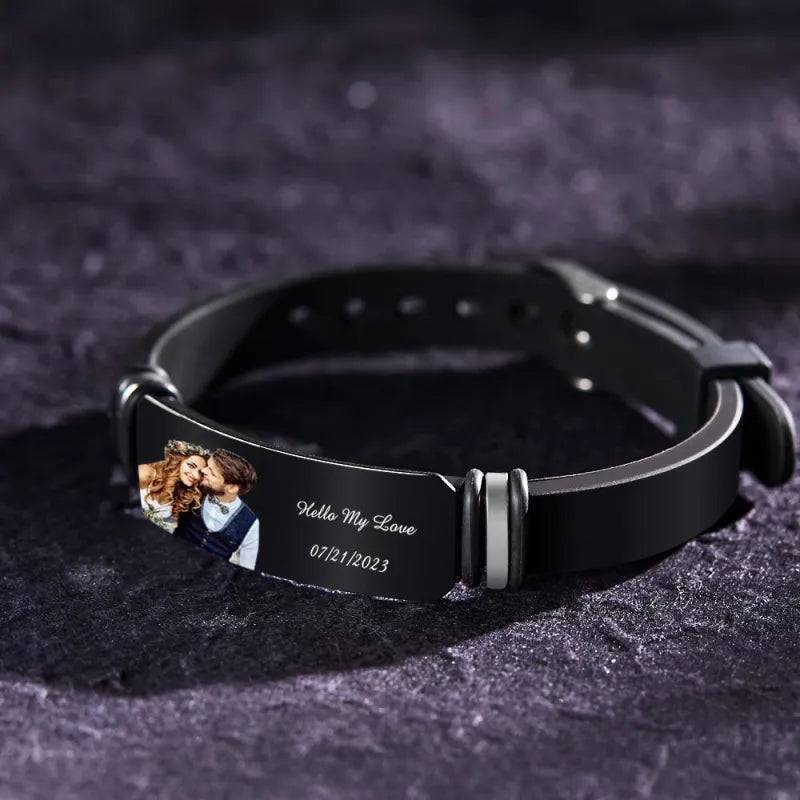 Custom Photo Engraved Bracelet - Wedding Gift For Anniversary Or Newly Married Couple Personalized Bracelet