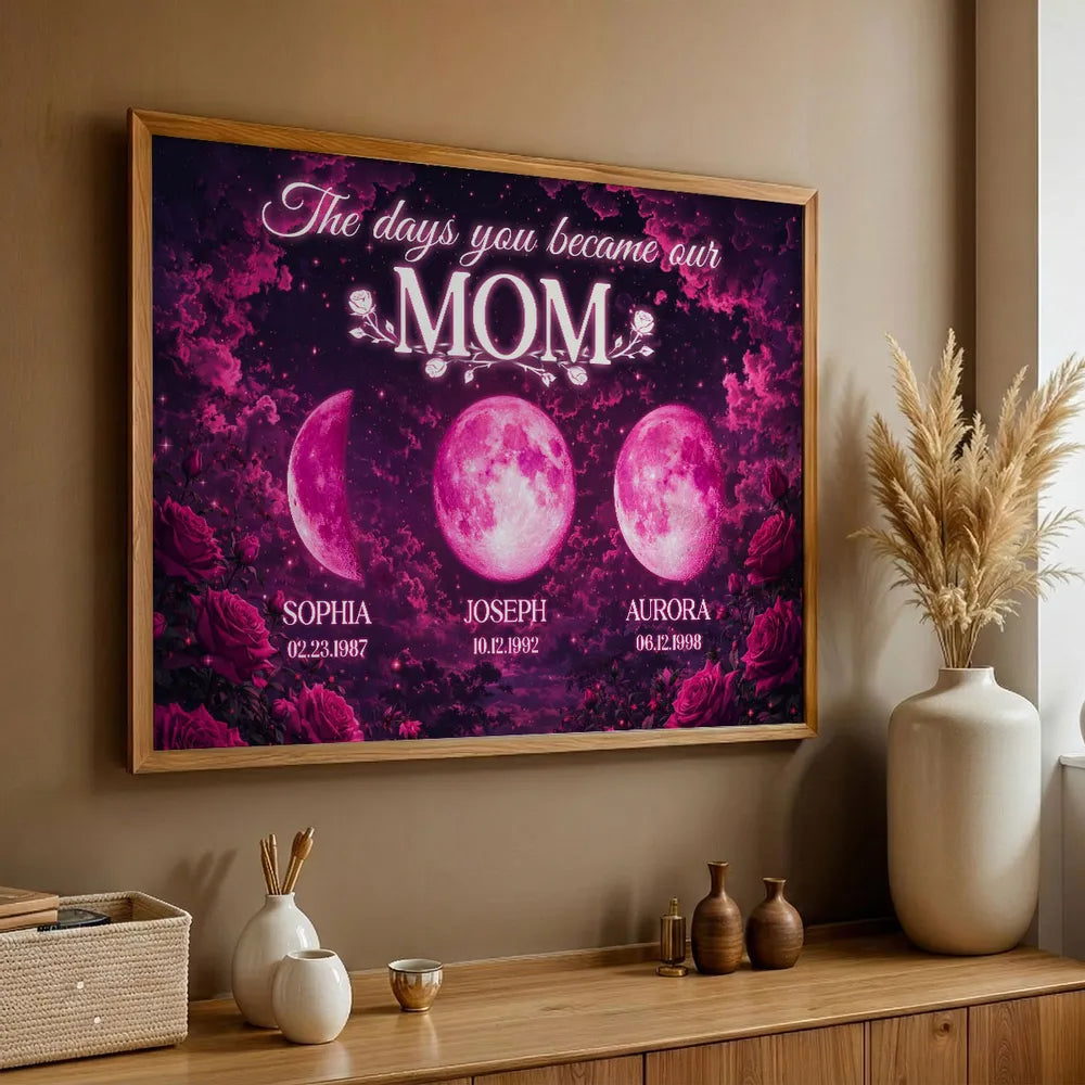 The Days You Became Our Mom Poster, Personalized Pink Moon Wall Art with Rose Accents, Meaningful Gift for Mom