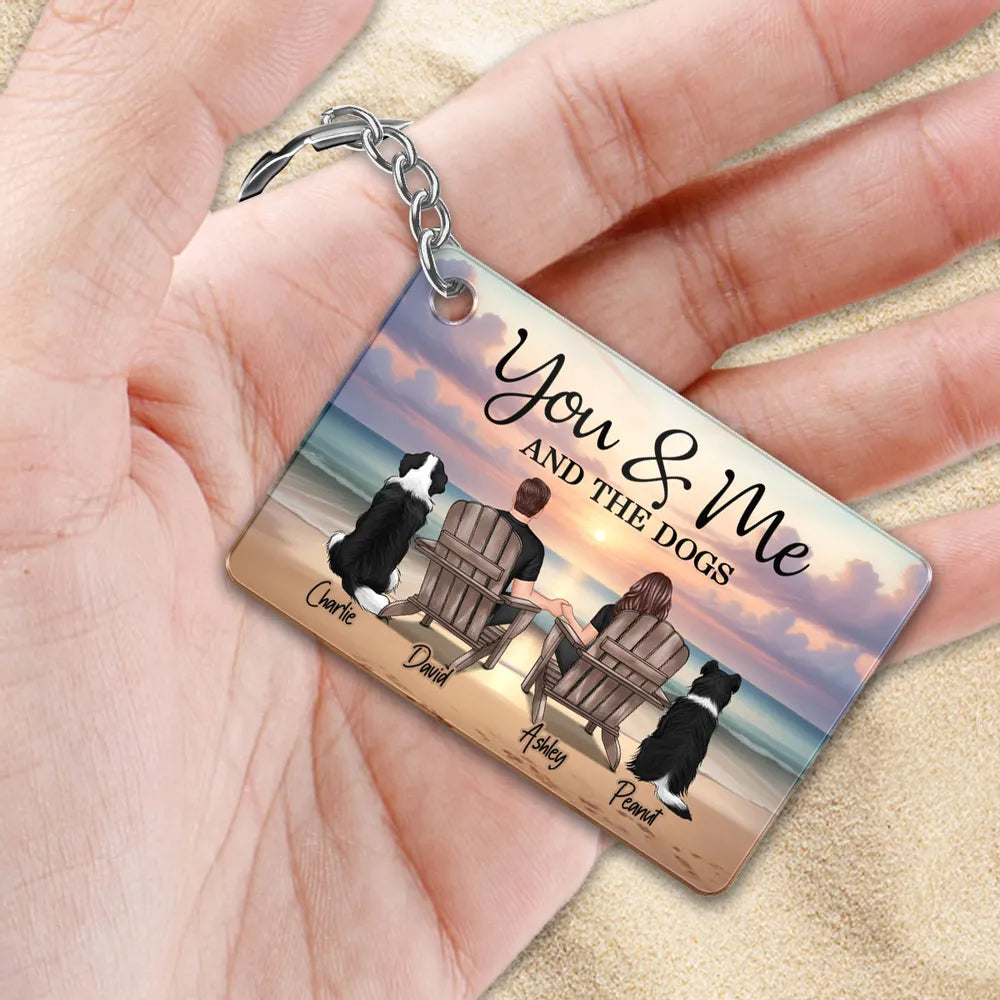 You Me And The Dogs Cats Couple Realistic Beach Landscape Personalized Acrylic Keychain or Poster or Plaque or Ornament, Gift For Him, For Her
