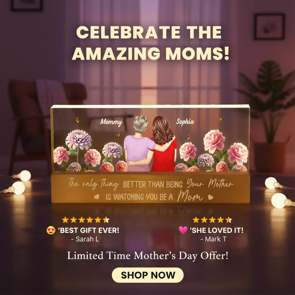 Personalized Block LED Light Plaque Mom and Daughter Hugging Floral Night Light, Unique Gift for Mom or Daughter