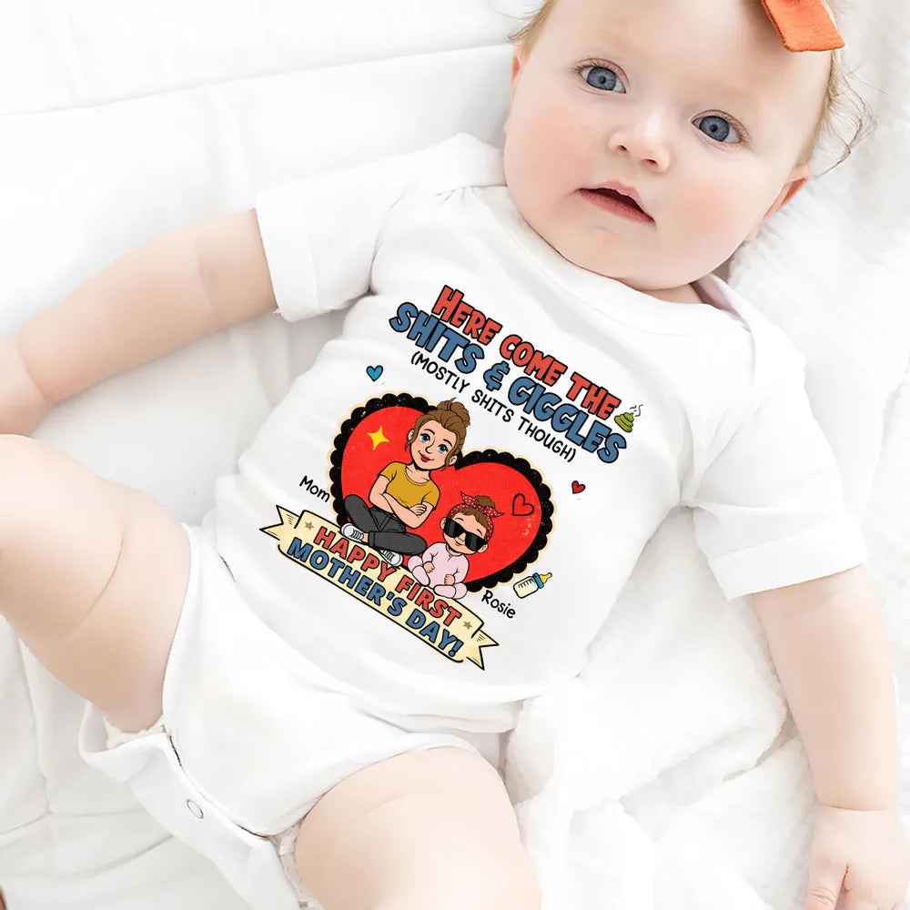 Here Come The Giggles Personalized Short Sleeve Baby Onesie, Funny First Mother's Day Gift for New Mom