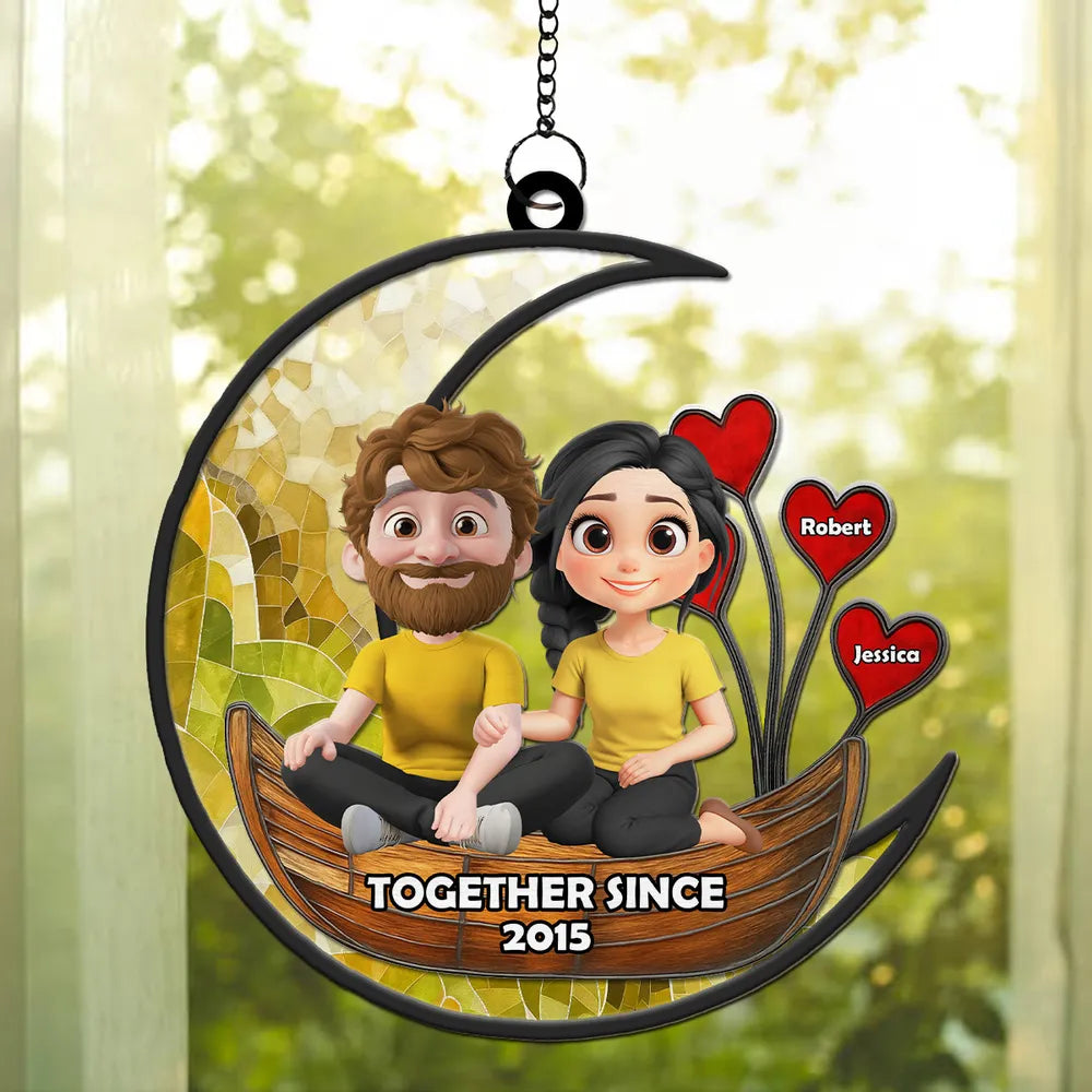Romantic Moon Couple Wood and Acrylic Layered Ornament - Together Since Anniversary Gift for Lovers