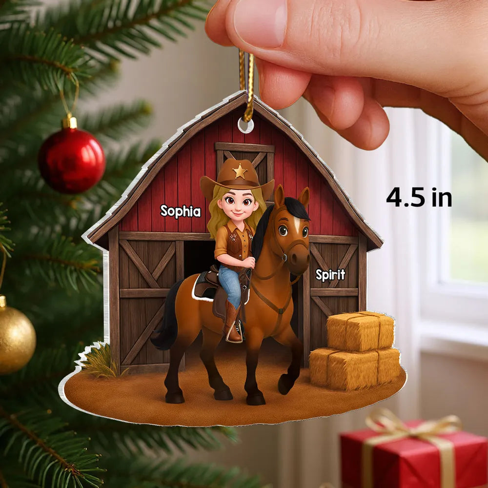 Acrylic Ornament, Cowgirl Riding Horse at Red Barn, Custom Farm Scene, a unique gift for Horse Lovers & Kids