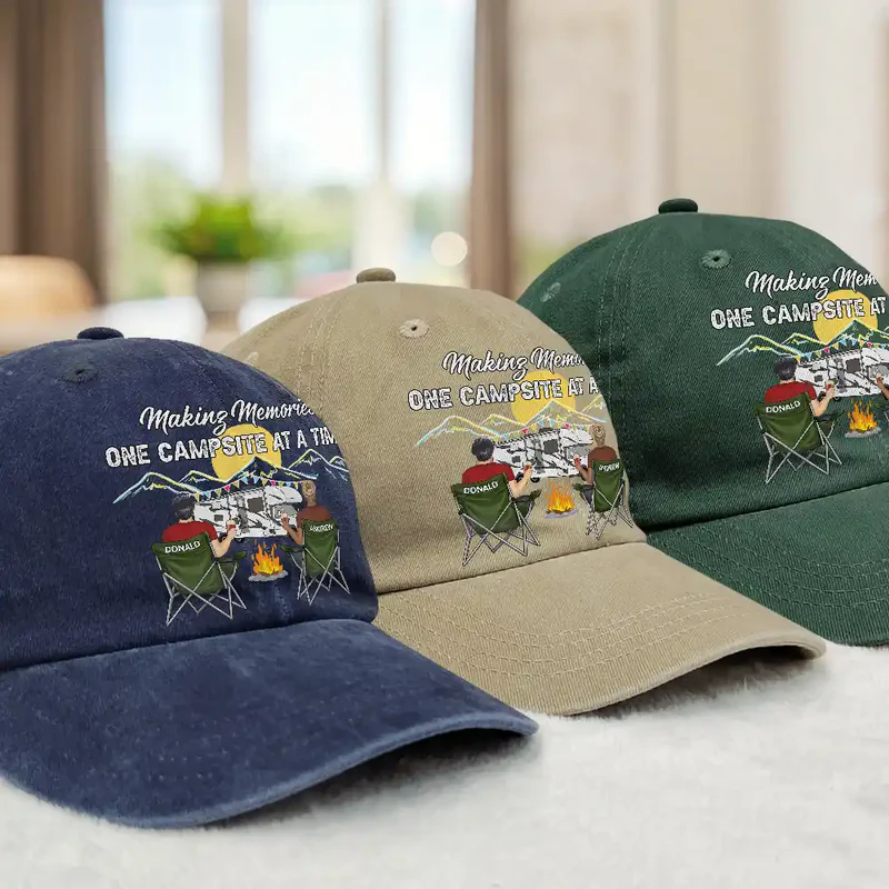 Personalized Washed Denim Baseball Cap Camping Partners For Life Outdoor Wear Vintage Look Unique Gift for Couple