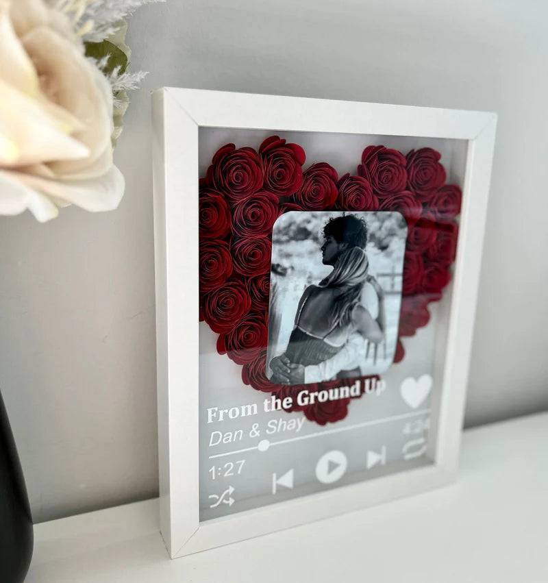 Love in Bloom - Personalized Heart-Shaped Flower Shadow Box with Photo - Ideal for Valentine's Day & Anniversaries