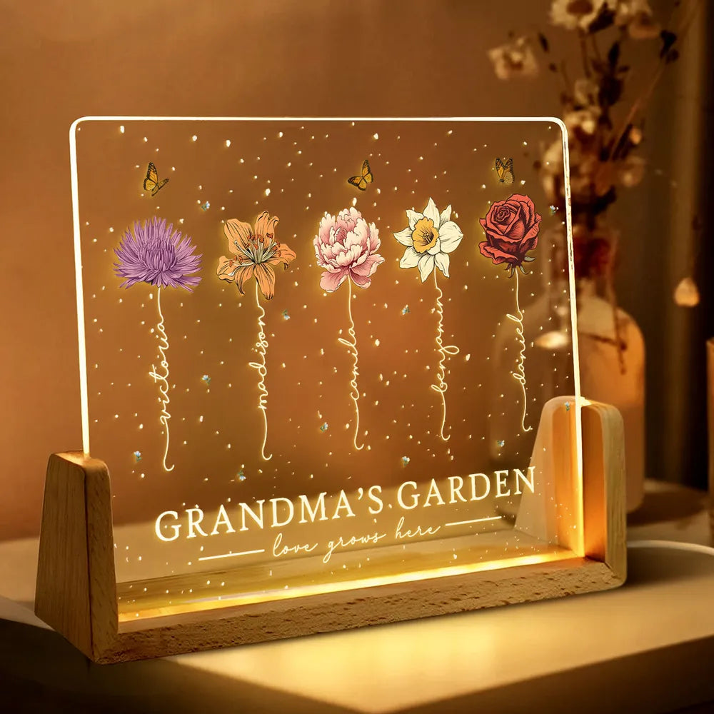Custom LED Frame Poster - Birth Month Flower Art with Grandkids' Names