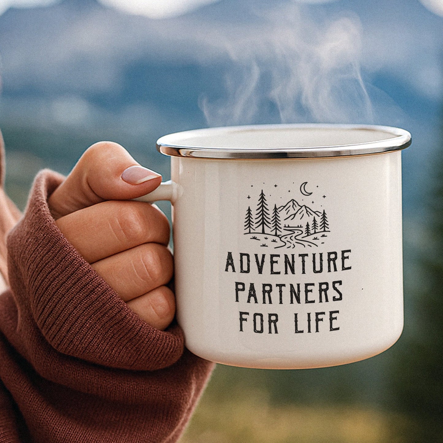 Personalized Enamel Mug Adventure Partners For Life Hiking Couple Gift, Minimal Mountain Line Art