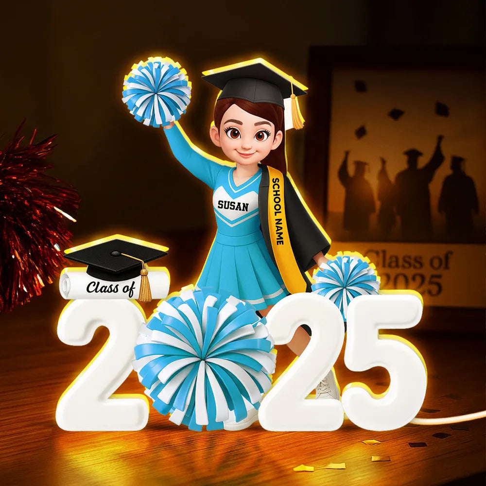 Personalized Acrylic Light Box Graduation Décor with Cheerleader Design & Warm Glow – Unique Gift for Class of Grad