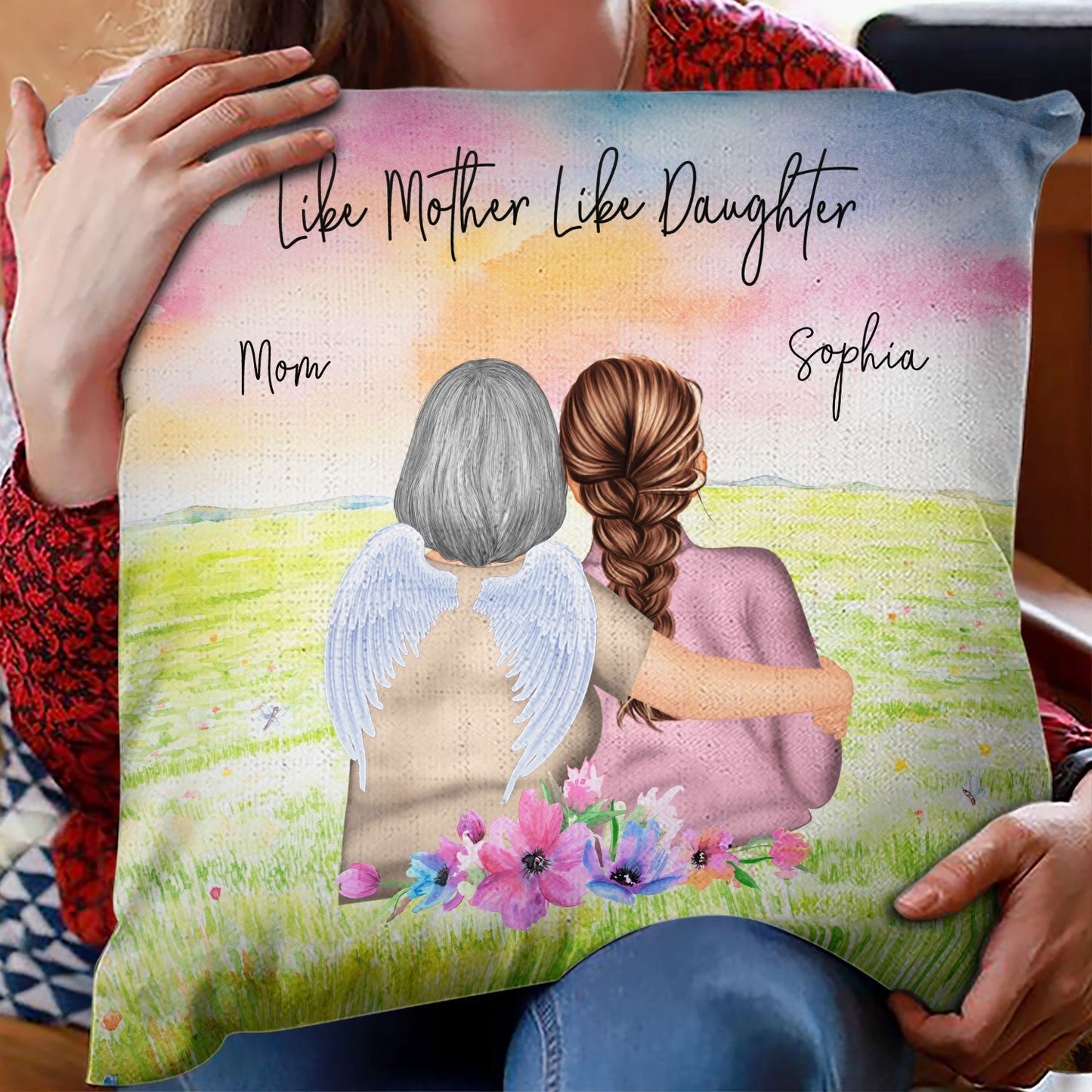 Mother And Daughter Pillow With Watercolor Mountain View, Hugging Scene Cushion, Unique Gift For Mom And Cozy Sofa Decor