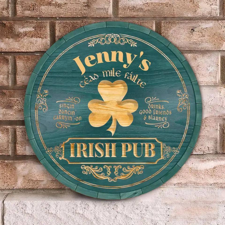 Personalized Irish Pub Clover Wooden Sign Round Green Bar Decor With Celtic Style Lettering Unique St. Patrick's Day Gift