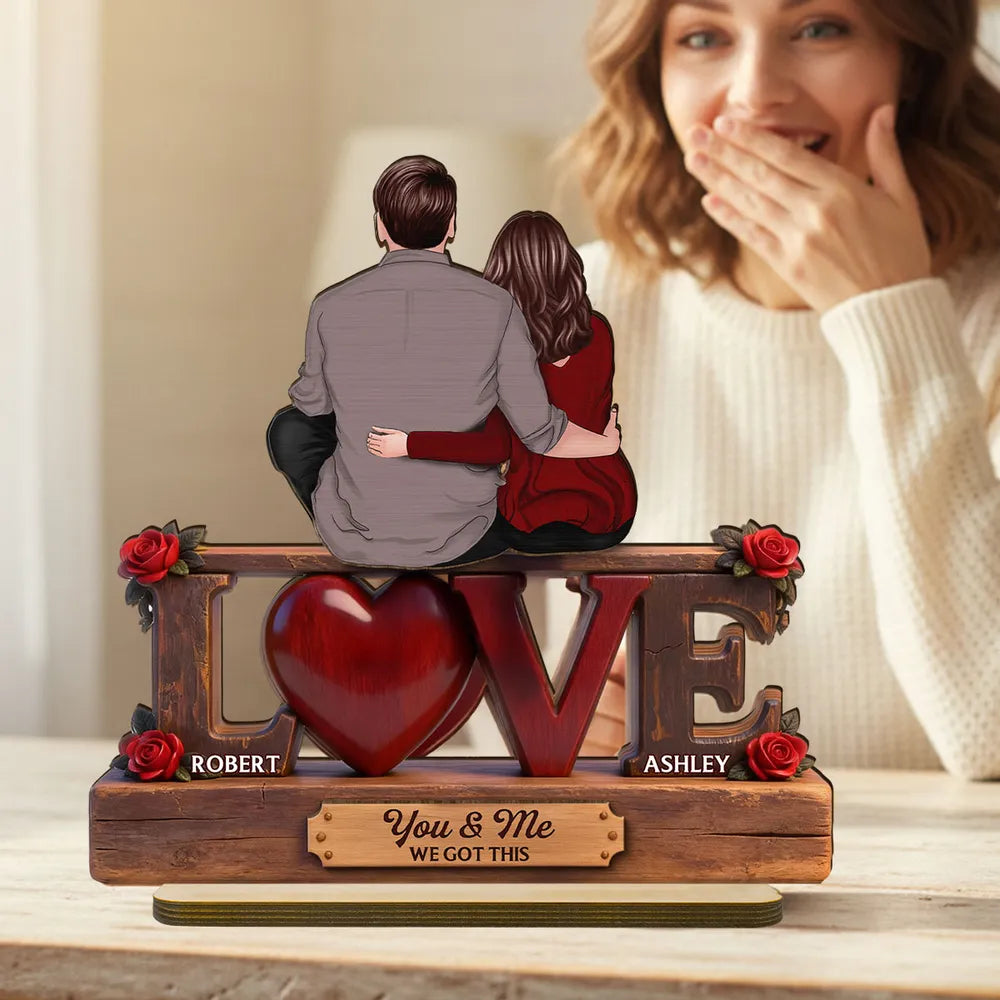 2-Layer Wooden Plaque Personalized Love Keepsake, Couple Sitting Embracing with Roses, Sweet You & Me Gift