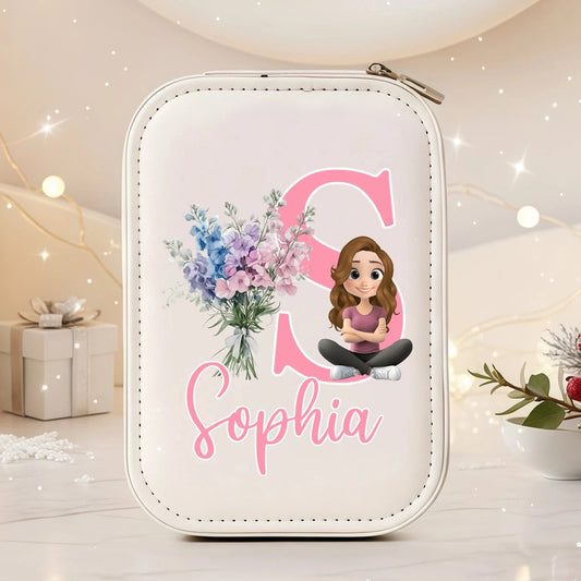 Personalized Leather LED Makeup Case with Cartoon Girl & Florals, Unique Gift for Teens & Daughters