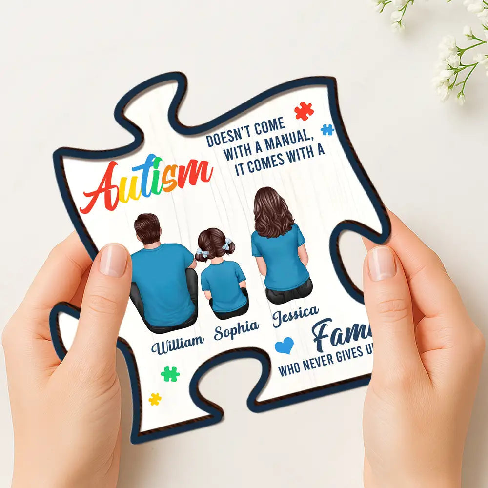 2-Layer Wooden Puzzle Plaque – Autism Family Quote “Family Who Never Gives Up” – Custom Parent & Child Back View Gift
