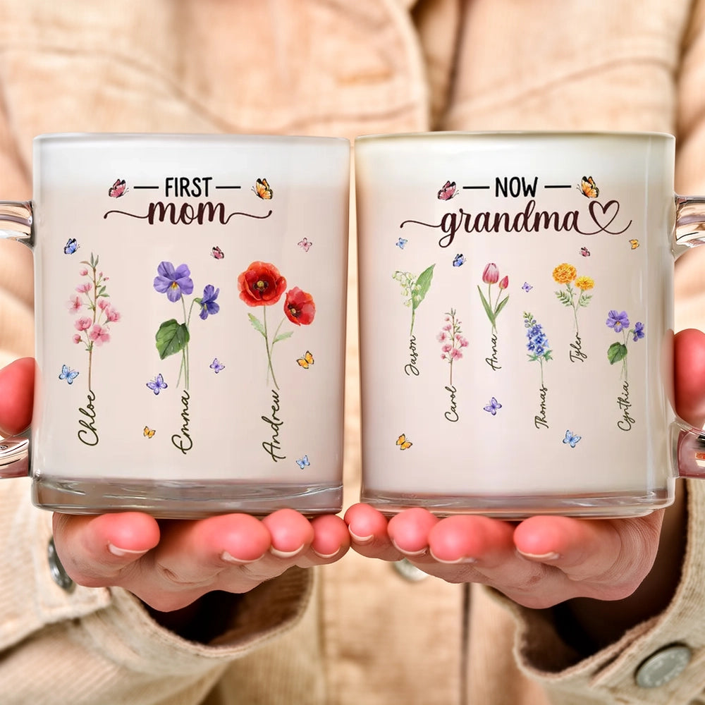 Personalized Glass Mug for Grandma, Custom Birth Flower Style Design, Sweet Daily Coffee Gift