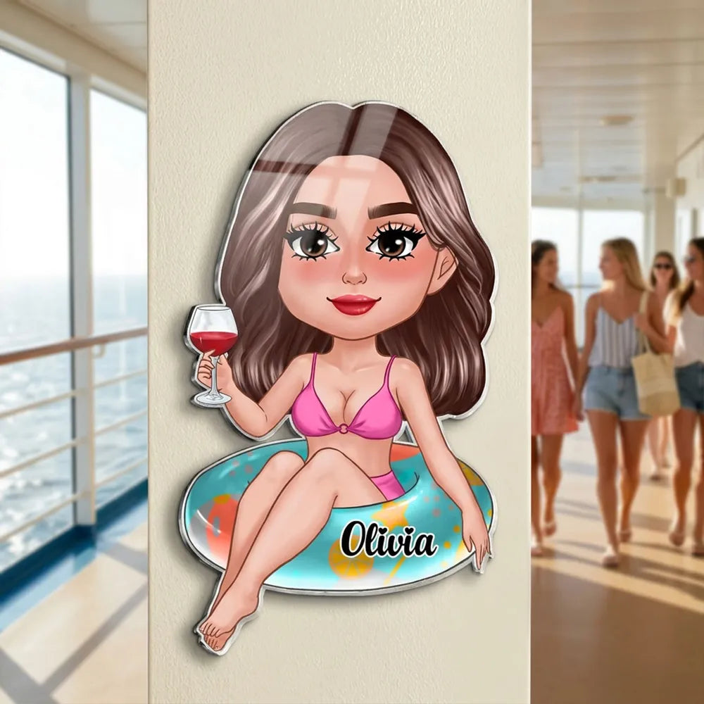 Personalized Cruise Door Acrylic Magnet, Cute Girl on Pool Float with Cocktail, Unique Girls Trip Cabin Gift