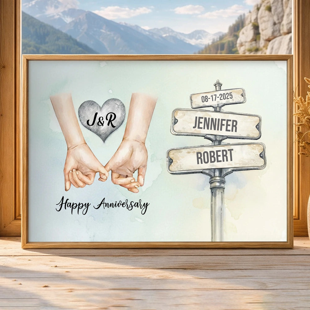 Personalized Anniversary Poster with Holding Hands Illustration, Custom Couple Wall Art, Unique Romantic Gift