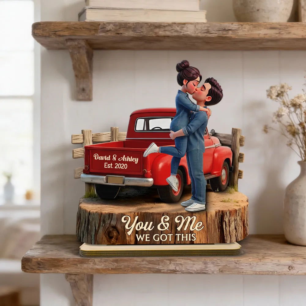 Personalized 2-Layer Wooden Plaque with Kissing Couple in Red Pickup Truck, Farmhouse Decor, Unique Gift for Couples