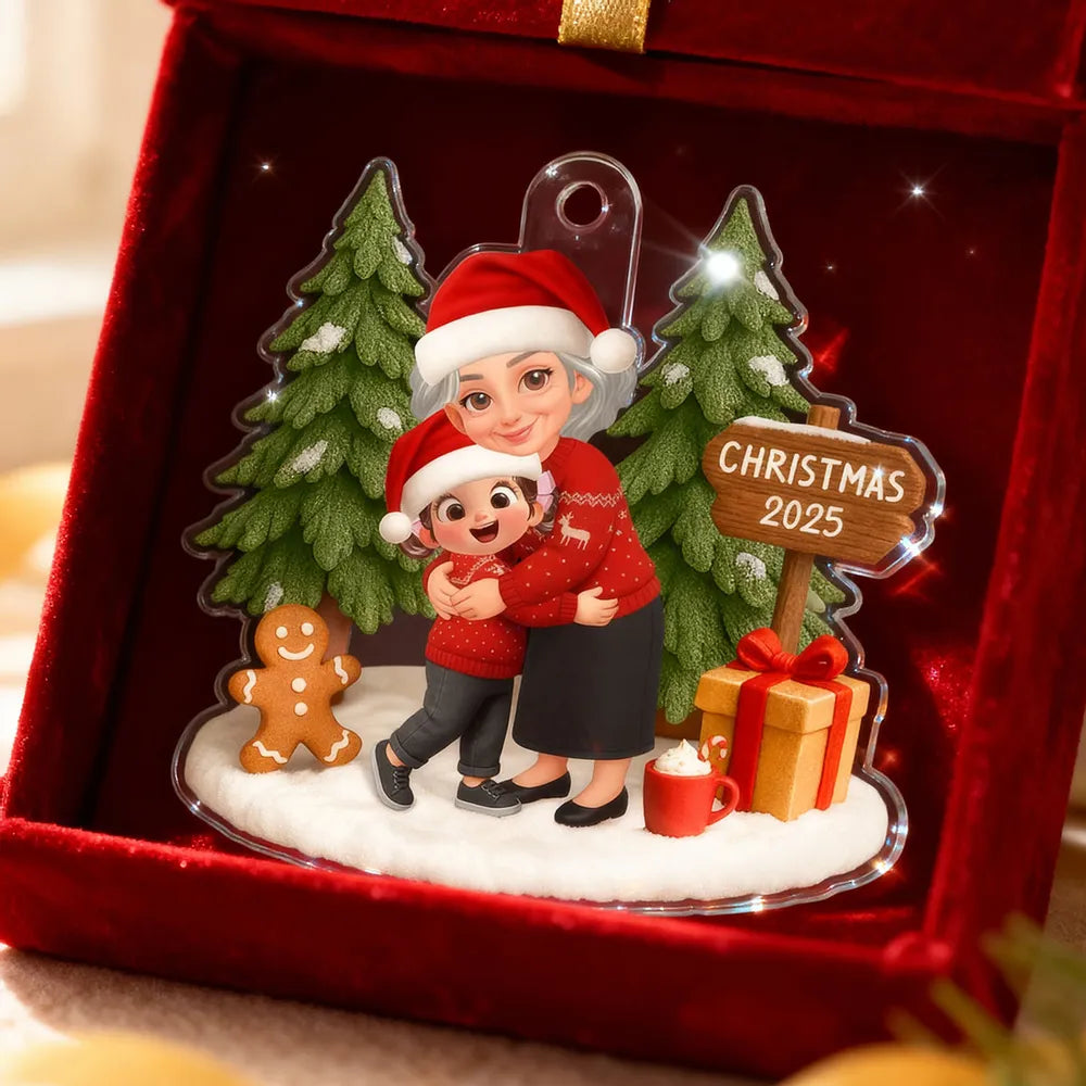 Acrylic Ornament Featuring Grandma & Granddaughter Hug, Christmas Tree Scene, Clear Print, Perfect Holiday Gift