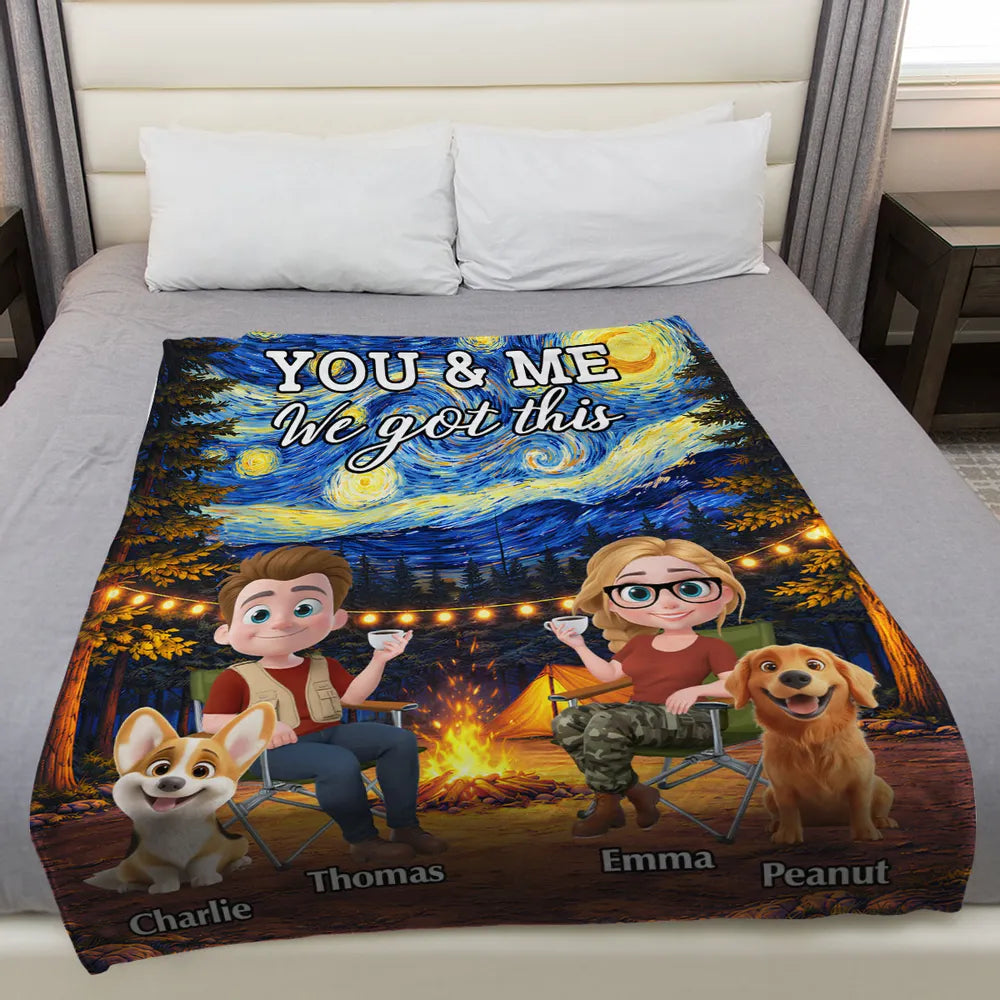Personalized You & Me Camping Fleece Blanket, Cozy Campfire Couple & Dogs, Unique Gift for Couples