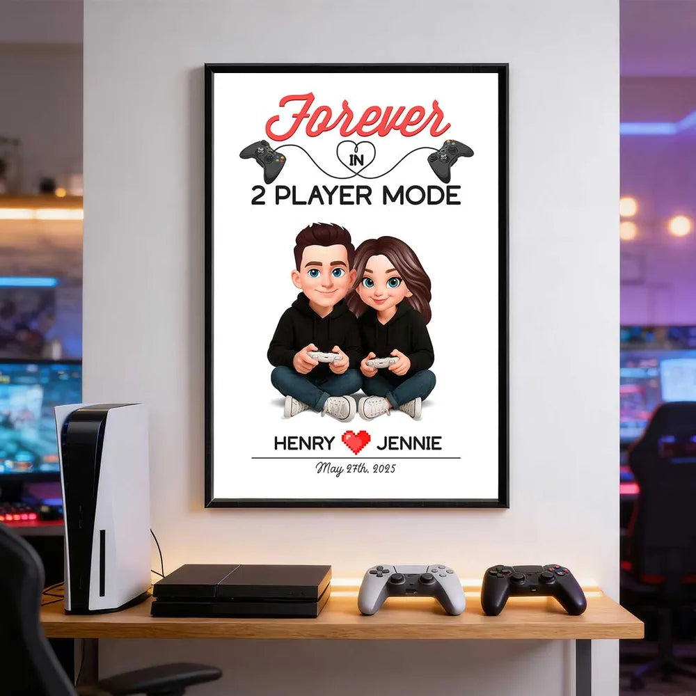 Personalized Gaming Couple Poster Forever In 2 Player Mode Sitting With Controllers Unique Gift For Him & Her