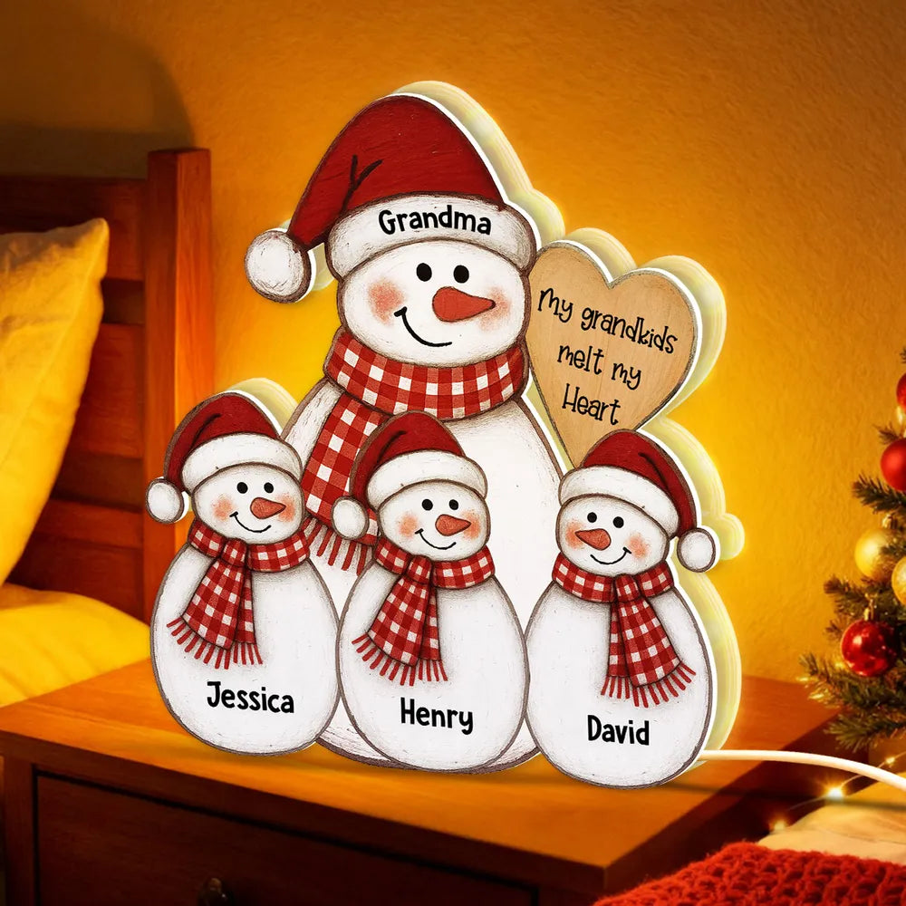 Acrylic Light Box Snowman Grandma & Grandkids, Christmas folk art, warm glow, unique gift for Grandma