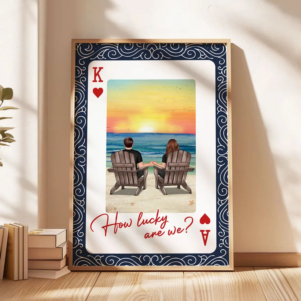 How Lucky Are We Poster, Personalized Couple Beach Sunset Wall Art, Romantic Gift For Couples And New Home Decor