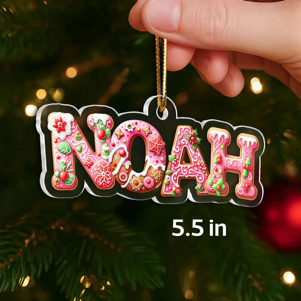 Custom Name Acrylic Ornament with Pink Gingerbread Letters – Festive Christmas Ornament & Creative Kids Gift