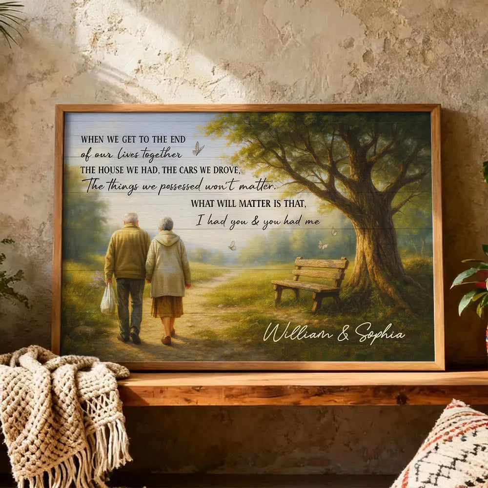 Custom Couple Poster Wall Art – Elderly Pair on Forest Path, Heartfelt Personalized Print, Romantic Keepsake Gift for Lifelong Partners