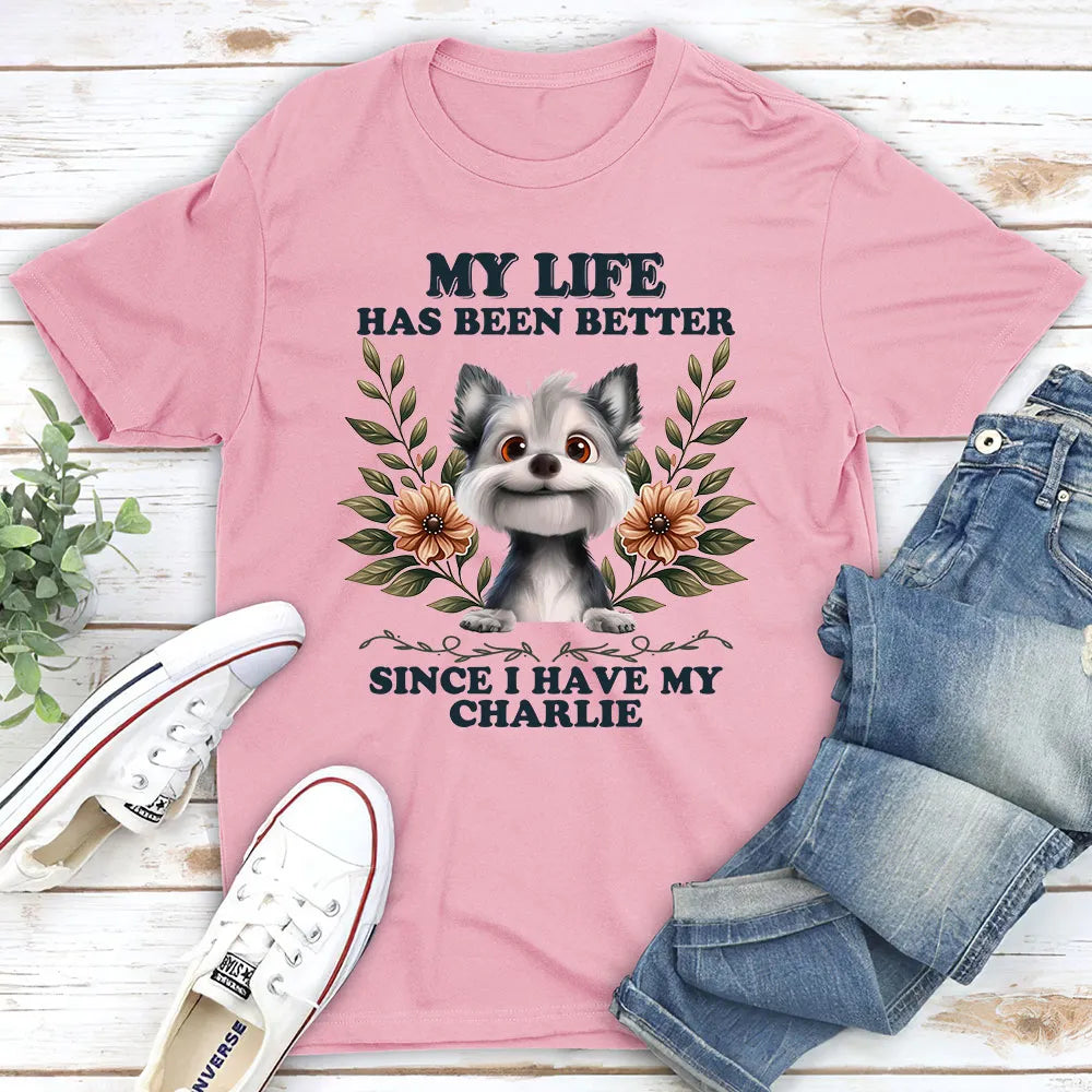 Classic Tee with Dog Illustration and Floral Accents, Comfortable Everyday Wear, Perfect Gift for Pet Lovers