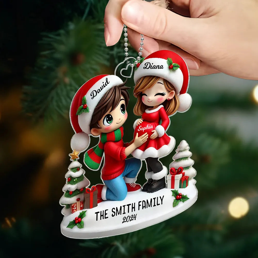 Christmas Acrylic Ornament - Expecting Couple with Santa Hats, Baby-Bump Moment, Festive Keepsake, a Unique Gift for New Mom & Dad