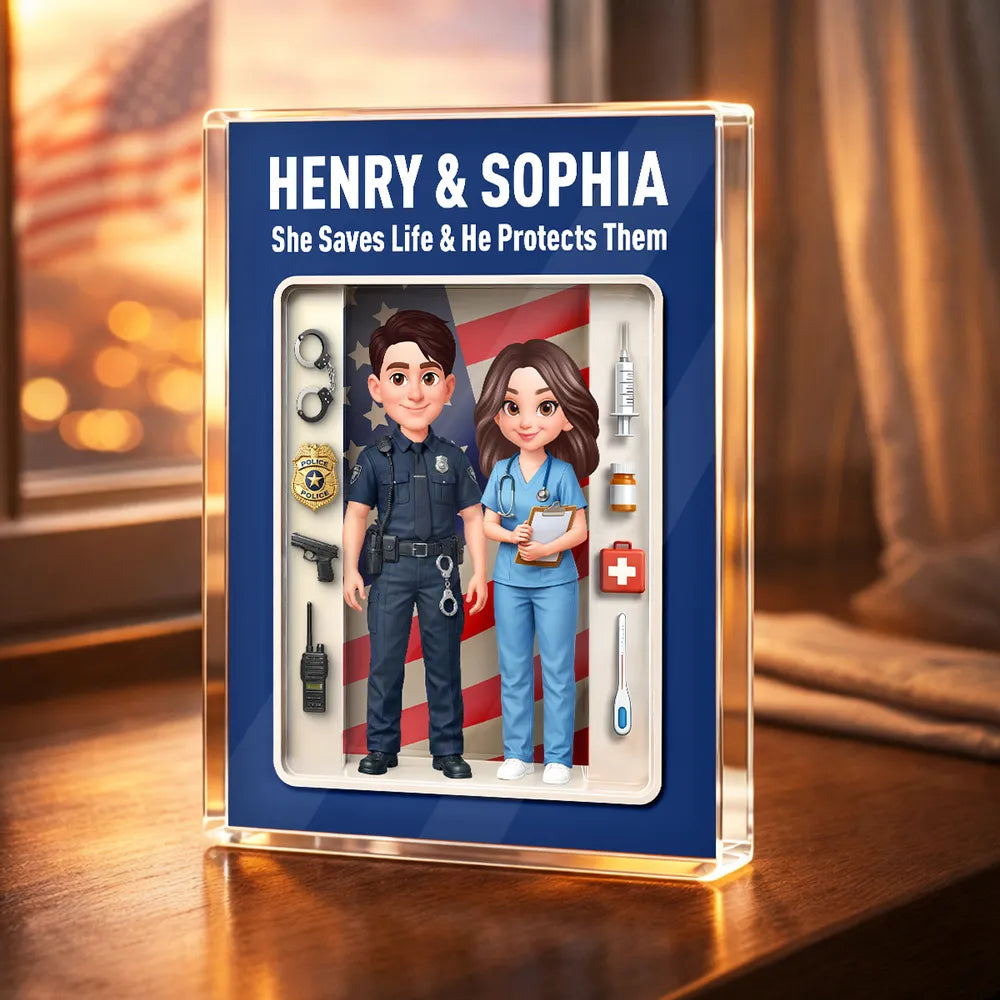 Rectangle Acrylic Block Plaque with Police & Nurse Couple and US Flag, Personalized Keepsake Gift for Him & Her