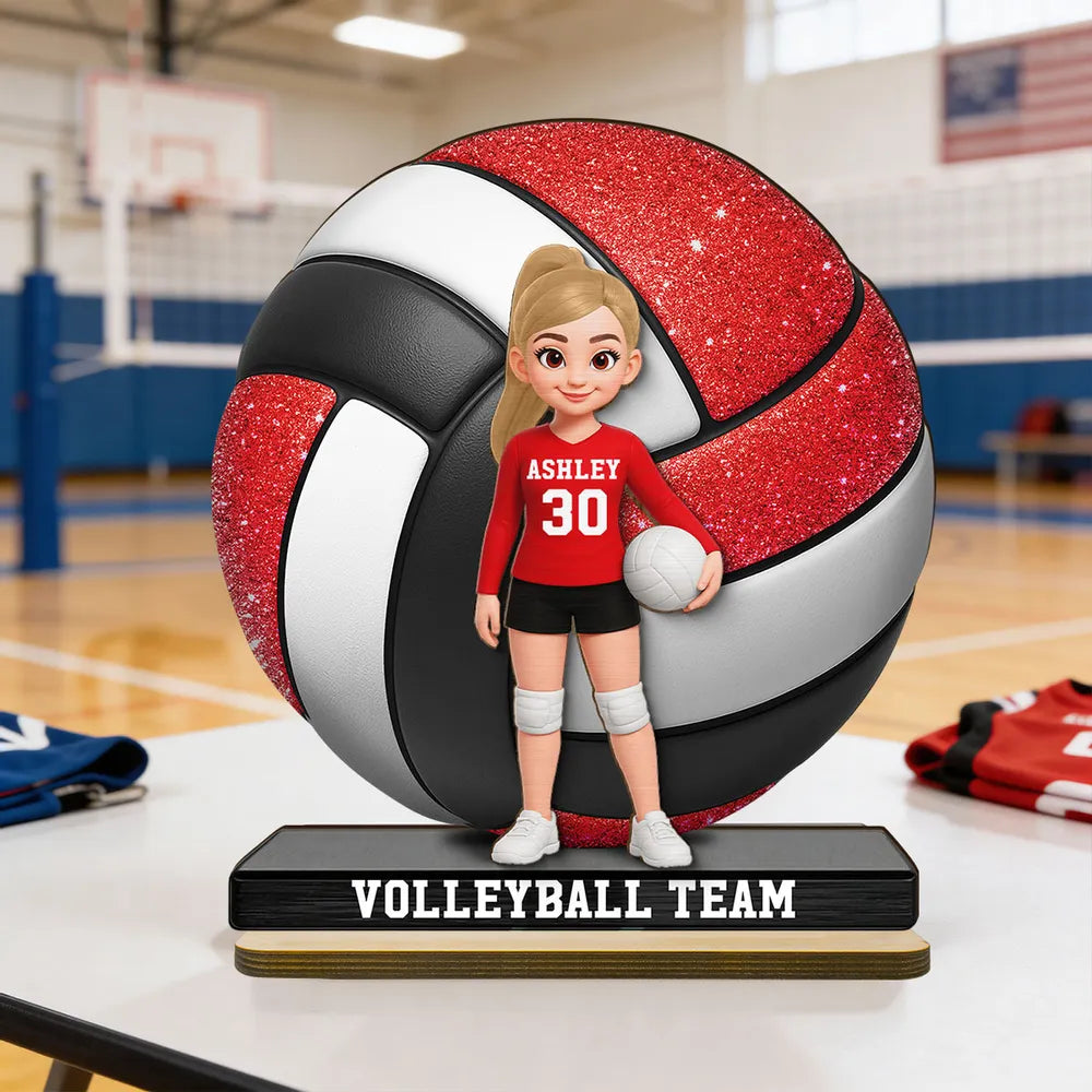 Personalized 2-Layer Wooden Plaque Volleyball Player in Gym - Unique Team Gift with Bold Sparkle Look