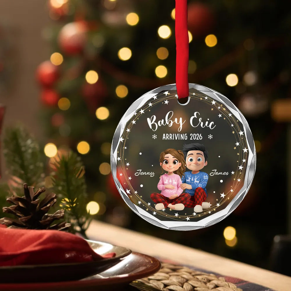 Crystal Ornament for Baby Announcement with cute couple illustration, heartwarming keepsake and perfect family gift