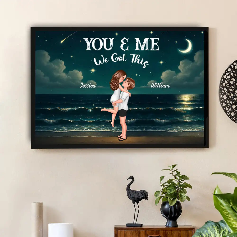 Personalized Night-Sky Canvas – “You & Me” Quote, Cartoon Hug on Waves, Anniversary Gift