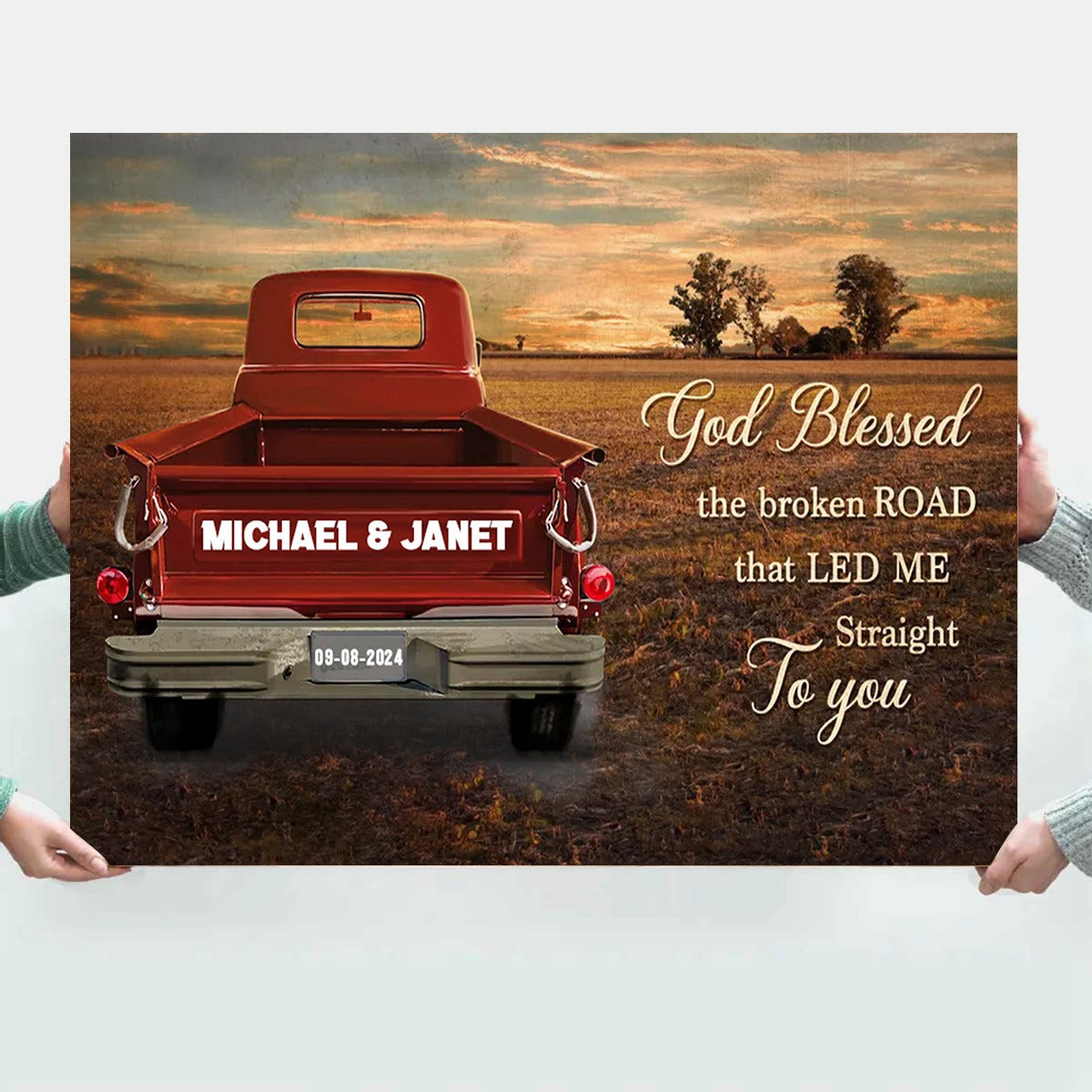 Vintage Truck Poster - 'God Blessed the Broken Road' Forest Art, Personalized Gift for Couples, Wedding or Anniversary