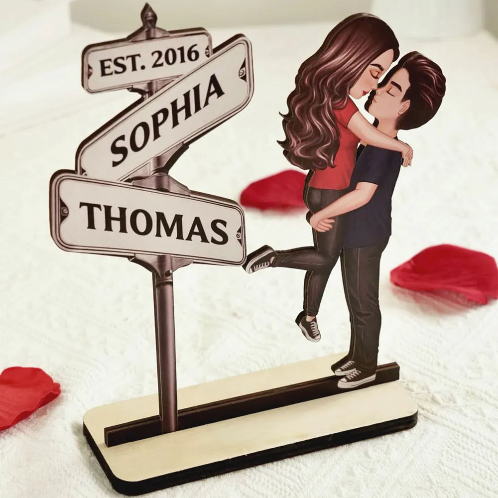 Personalized Street Sign Couple 2-Layer Wooden Plaque for Husband or Wife - Kissing Pose Keepsake, Unique Gift